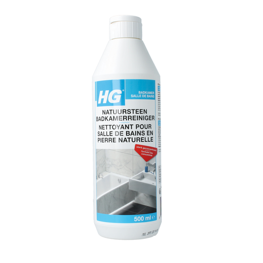 HG Natuursteen badkamer reiniger in 500ml bottle, natural stone bathroom cleaner with spray nozzle, suitable for natural stone surfaces.