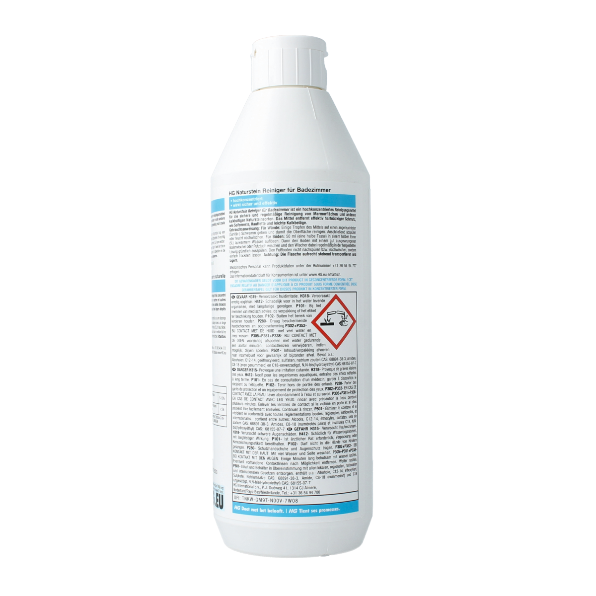 HG Natuursteen badkamer reiniger 500ml, natural stone bathroom cleaner in a clear bottle, suitable for cleaning natural stone surfaces.