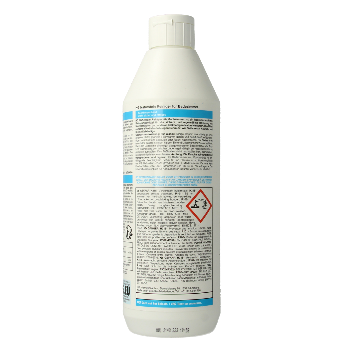 HG Natuursteen badkamer reiniger in 500ml bottle, natural stone bathroom cleaner, suitable for natural stone surfaces.
