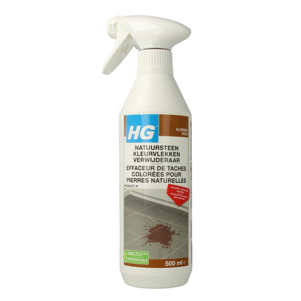 HG Natuursteen kleurvlek verwijderaar 500ml cleaner for natural stone surfaces, showing the product bottle and label.