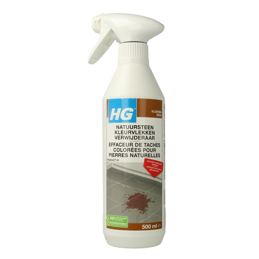 HG Natuursteen kleurvlek verwijderaar 500ml cleaner for natural stone surfaces, showing the product bottle and label.