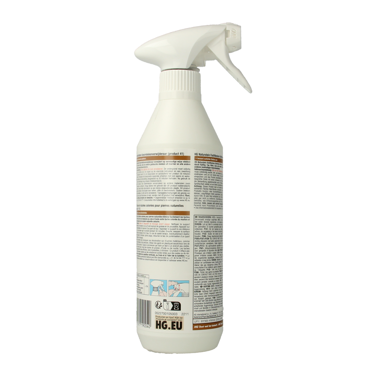HG Natuursteen kleurvlek verwijderaar in 500ml bottle, a cleaning product for natural stone surfaces with stain removal capabilities.