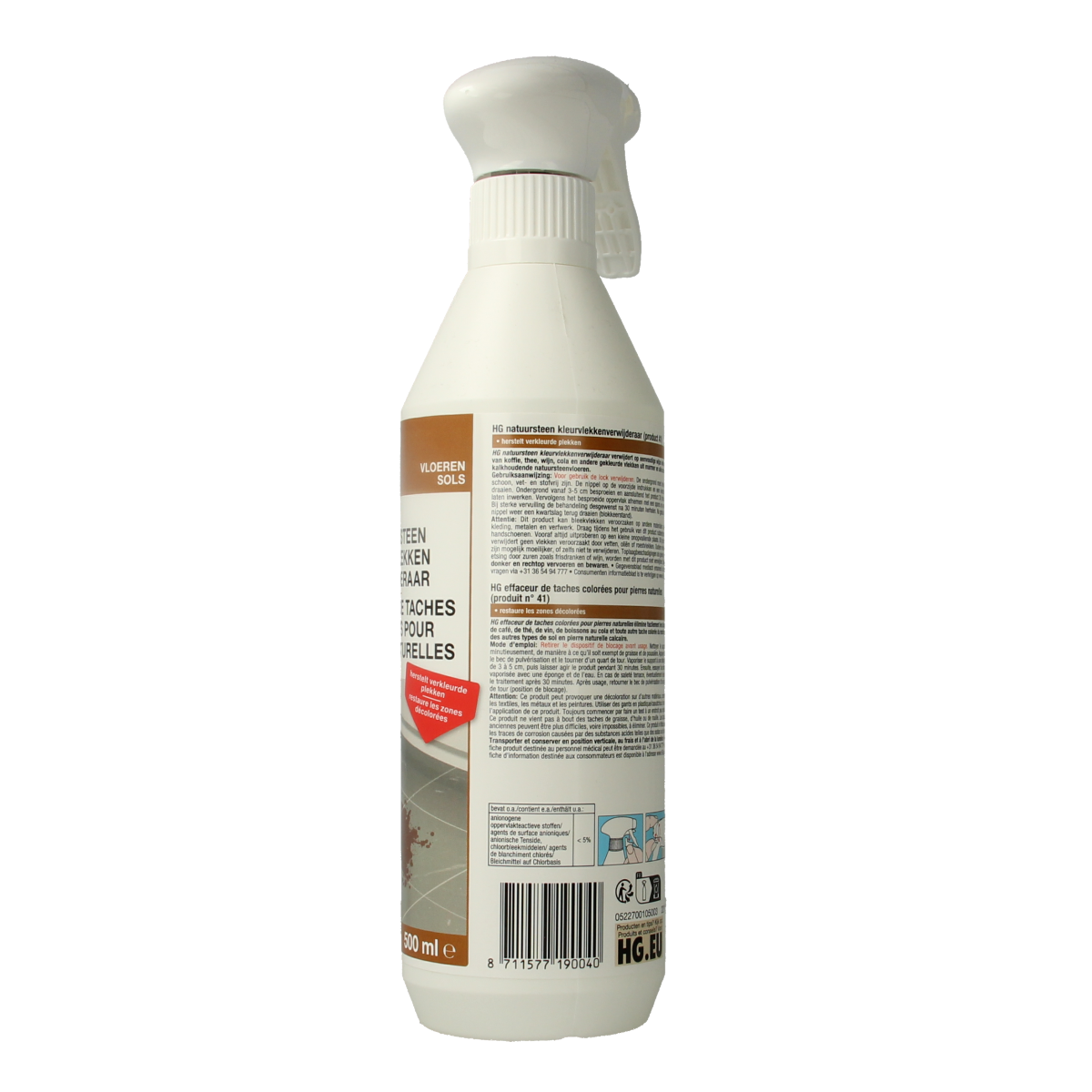 HG Natuursteen kleurvlek verwijderaar in 500ml bottle, a natural stone stain remover cleaner for effective surface cleaning.