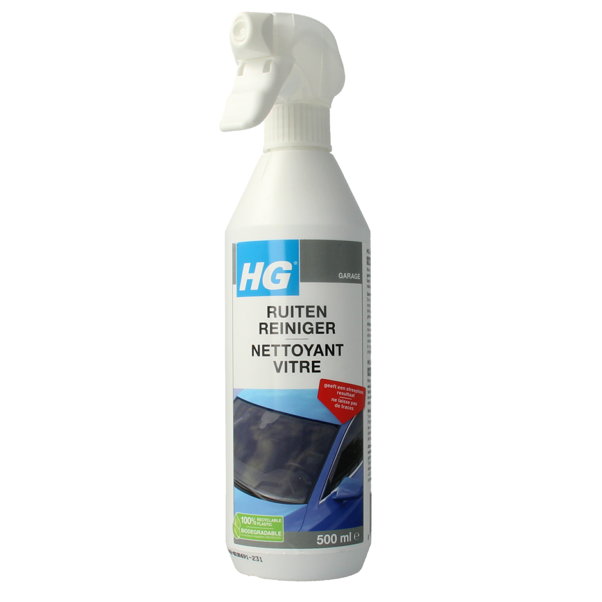 HG Ruitenreiniger 500ml glass cleaner spray, clear liquid in a transparent bottle with a spray nozzle.