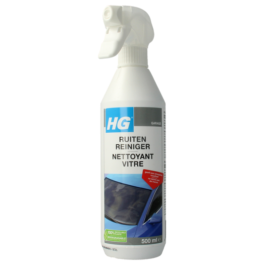 HG Ruitenreiniger 500ml glass cleaner spray, clear liquid in a transparent bottle with a spray nozzle.
