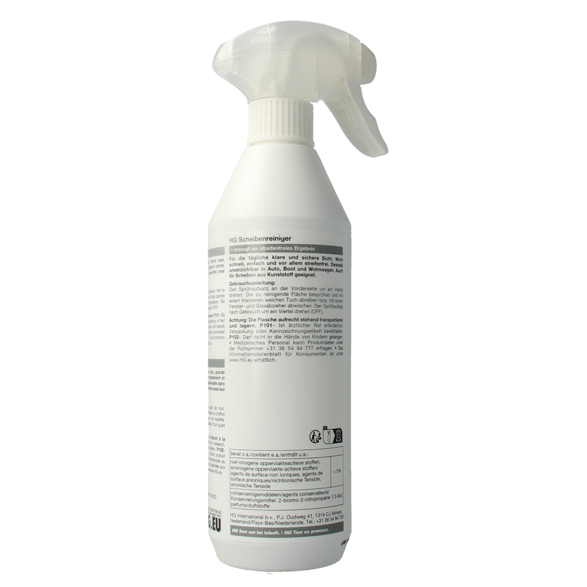 HG Ruitenreiniger 500ml glass cleaner spray, clear liquid in a spray bottle, ideal for cleaning windows and glass surfaces.