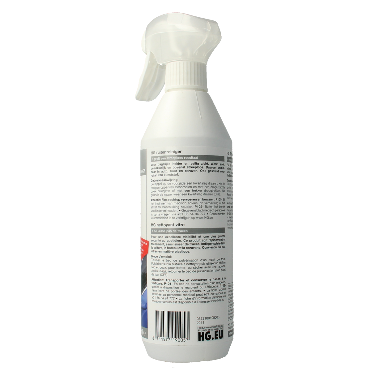 HG Ruitenreiniger 500ml glass cleaner spray for streak-free cleaning of windows and glass surfaces.