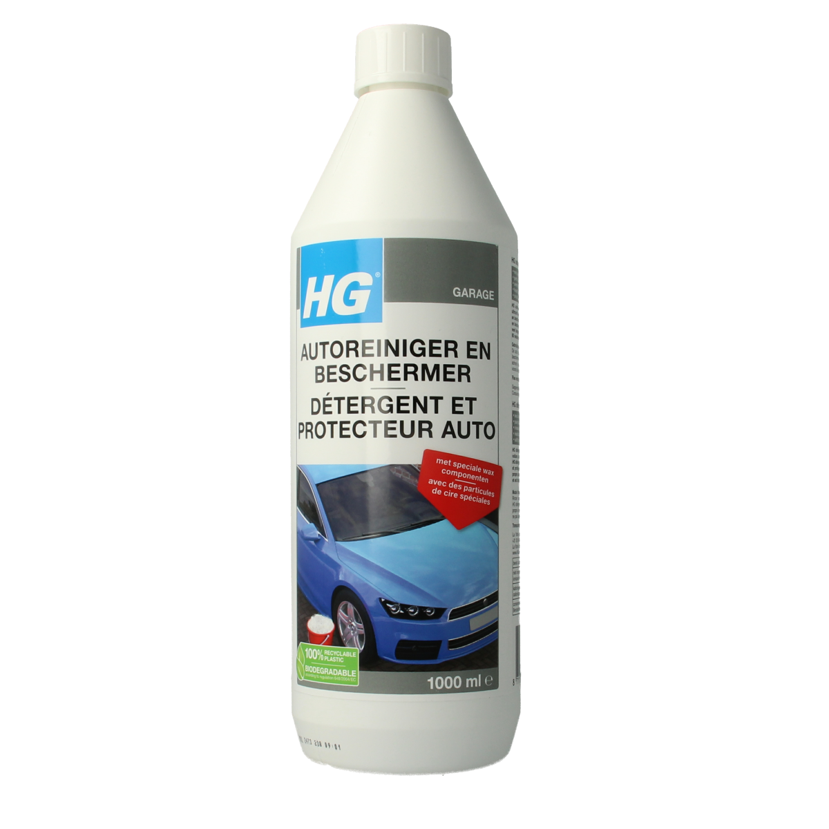 HG Auto reiniger en beschermer in 1 liter, schoonmaakartikel for car cleaning and protection, shown in a clear container.
