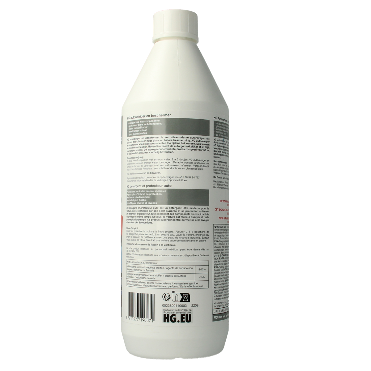 HG auto cleaner and protector bottle, 1 liter, showcasing the cleaning and protective spray for vehicle surfaces.