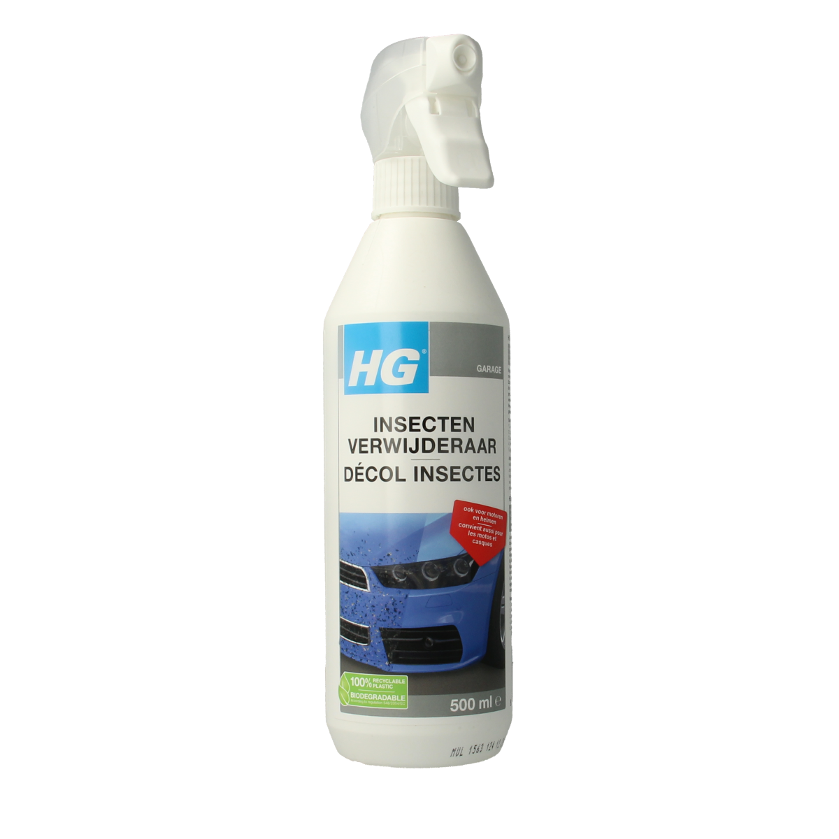HG insect remover spray bottle, 500ml, a cleaning product designed to eliminate insects and stains from surfaces.