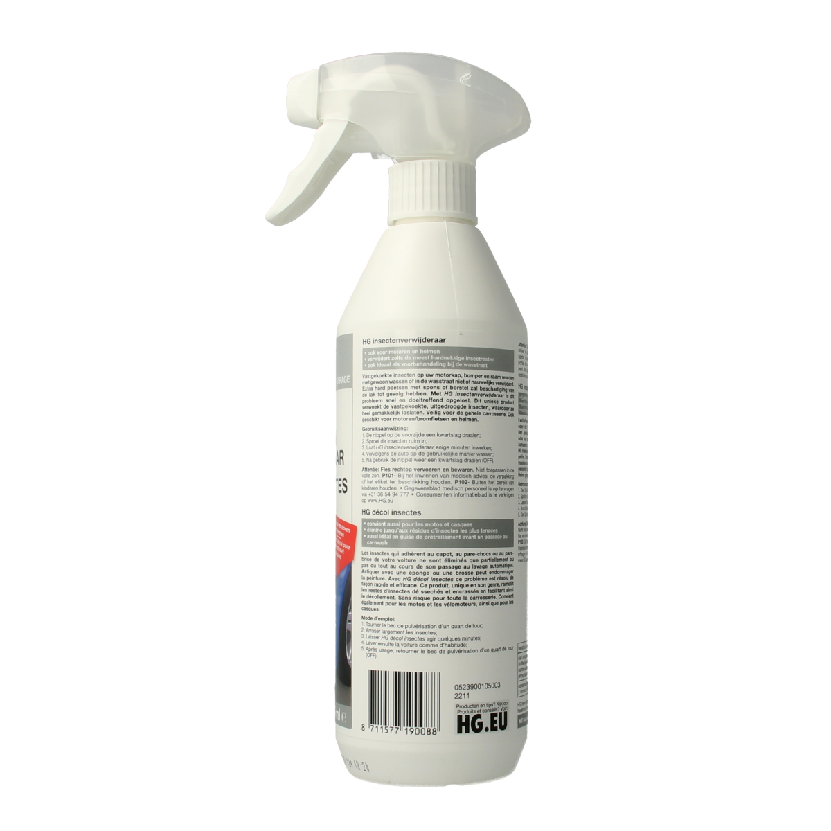HG Insecten verwijderaar 500ml spray bottle, a cleaning product for removing insects from surfaces.
