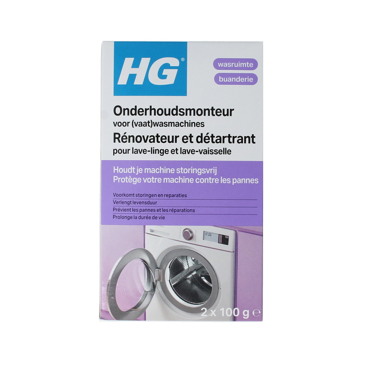 HG onderhoudsmonteur voor vaatwasmachines spray bottle with cleaning solution, 200g, in a blue and white container.