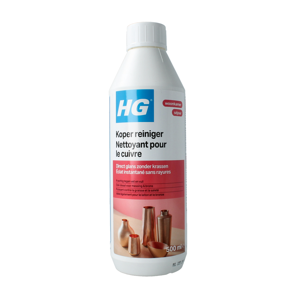 HG Koper reiniger 500ml bottle for cleaning copper surfaces, featuring a blue liquid in a spray bottle with a white cap.