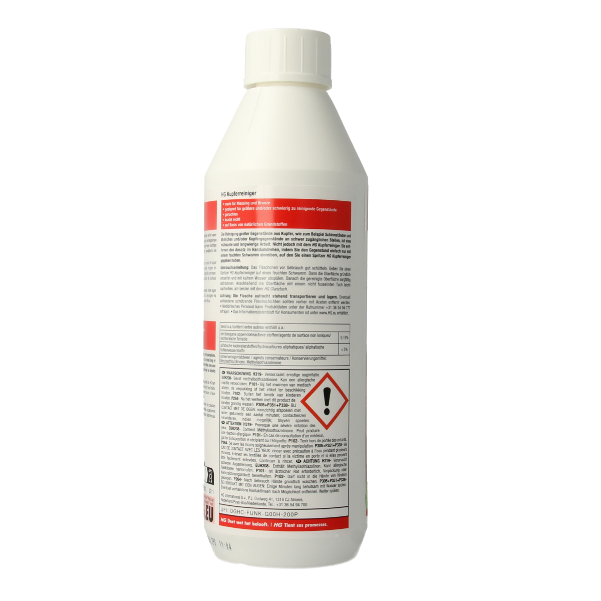 HG Koper reiniger bottle, 500ml, a copper cleaner in a white spray bottle with red and black label for cleaning copper surfaces.