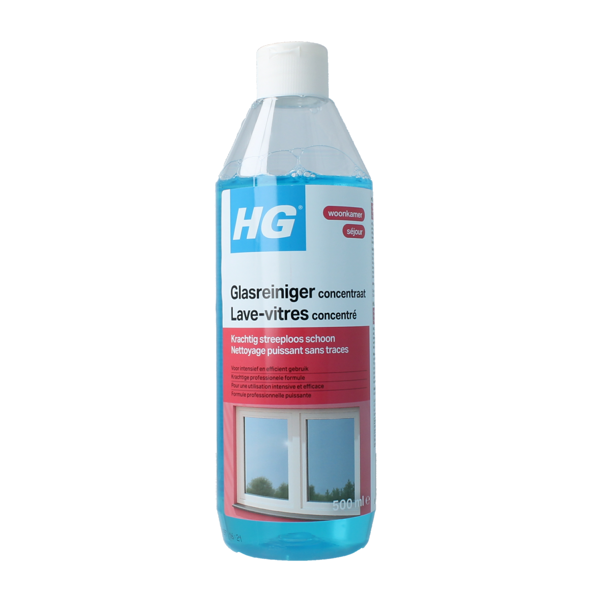 HG Glas reiniger concentraat 500ml bottle with label, a cleaning product designed for glass surfaces.