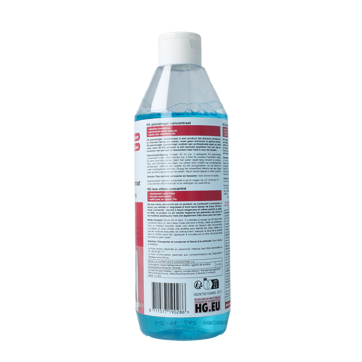 HG Glas Reiniger concentraat, 500ml, clear liquid cleaner in a bottle, ideal for streak-free glass cleaning.