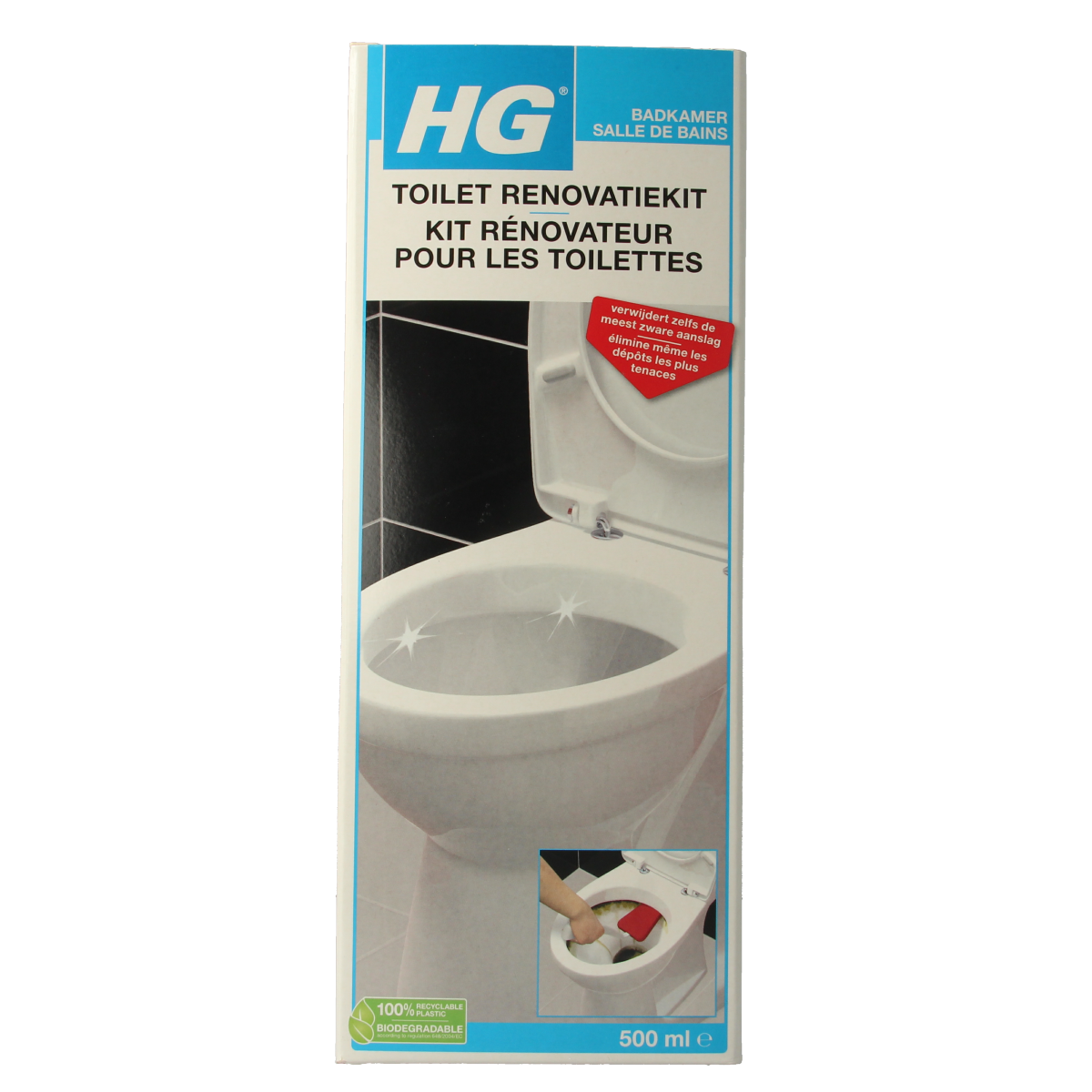 HG Toilet renovatiekit 500ml cleaning product in a white bottle with blue accents, designed for toilet renovation and cleaning.
