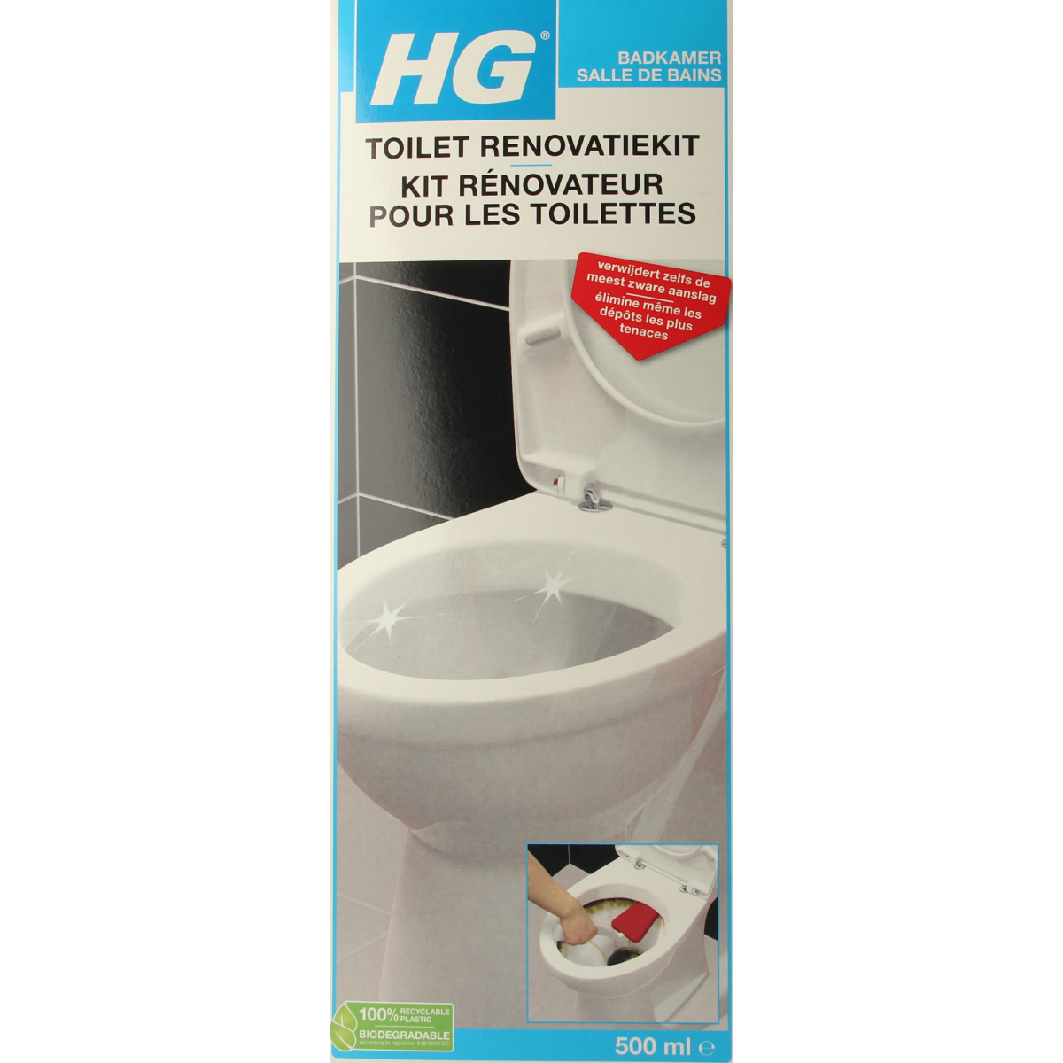 HG Toilet Renovatiekit 500ml cleaning product for toilet maintenance and renewal, featuring a bottle with a white cap.