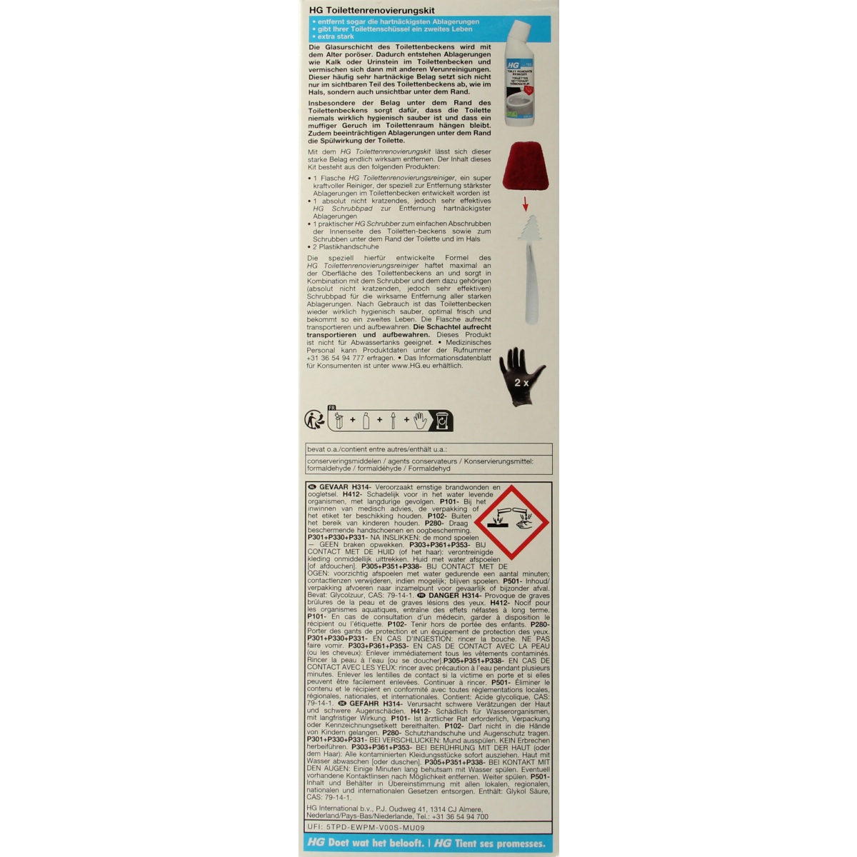 HG toilet renovatiekit 500ml cleaning kit with brushes and tools for toilet maintenance and renovation.