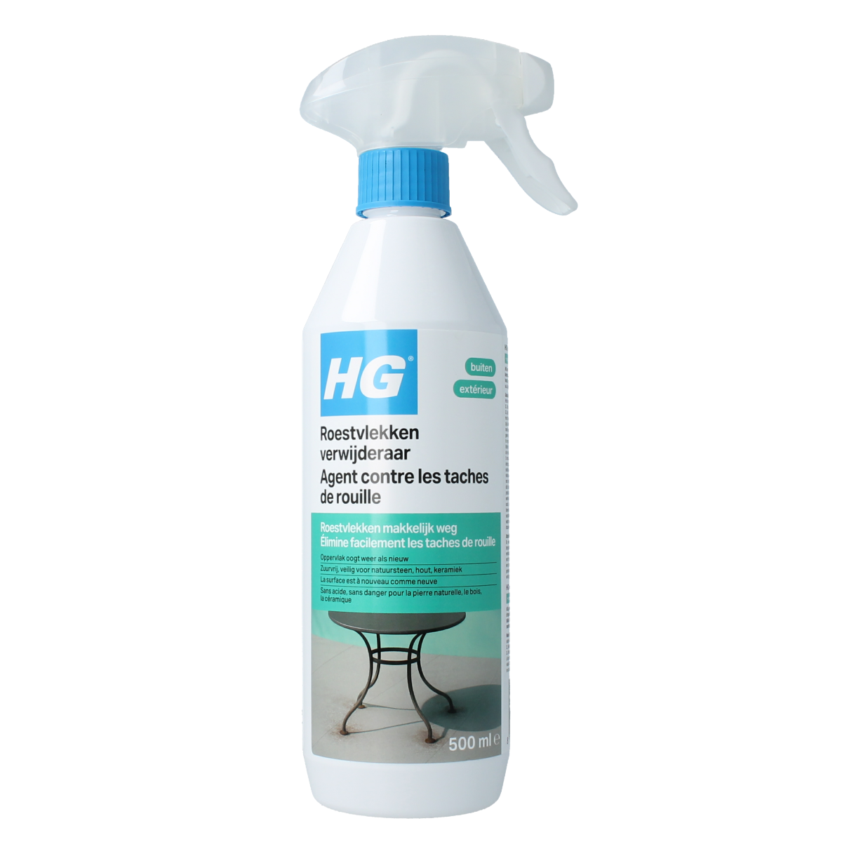 HG rustvlekken verwijderaar in 500 ml fles, schoonmaakmiddel voor effectief verwijderen van roestvlekken uit diverse oppervlakken.