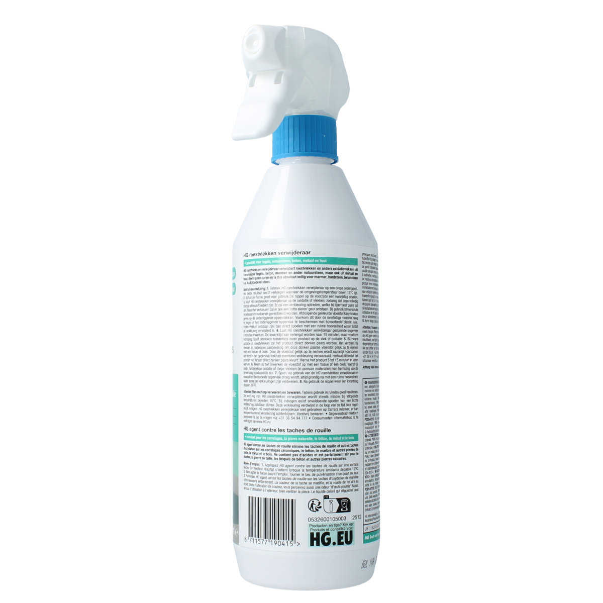 HG Roestvlekken verwijderaar in 500ml bottle, rust stain remover for effective cleaning of metal surfaces.