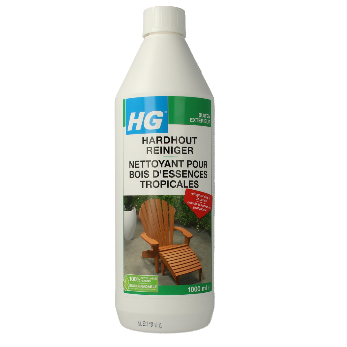 HG Hardhout reiniger in a 1-liter bottle, designed for cleaning hardwood surfaces with a clear label and cap.