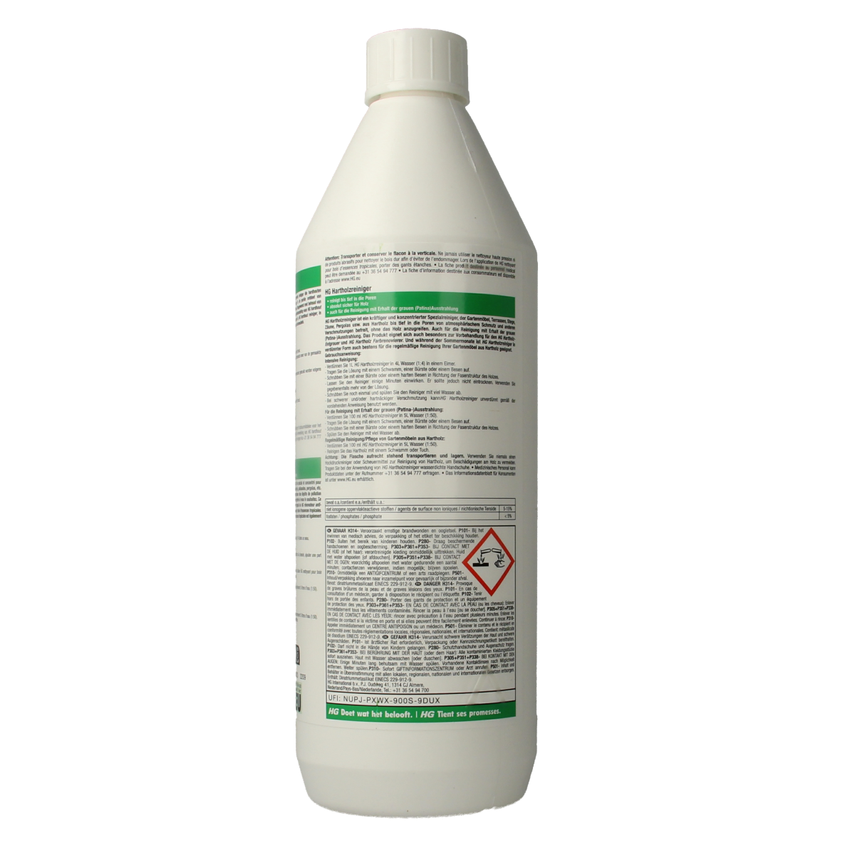HG Hardhout reiniger 1 liter cleaning product for hardwood floors, showing the bottle with label and cleaning surface.