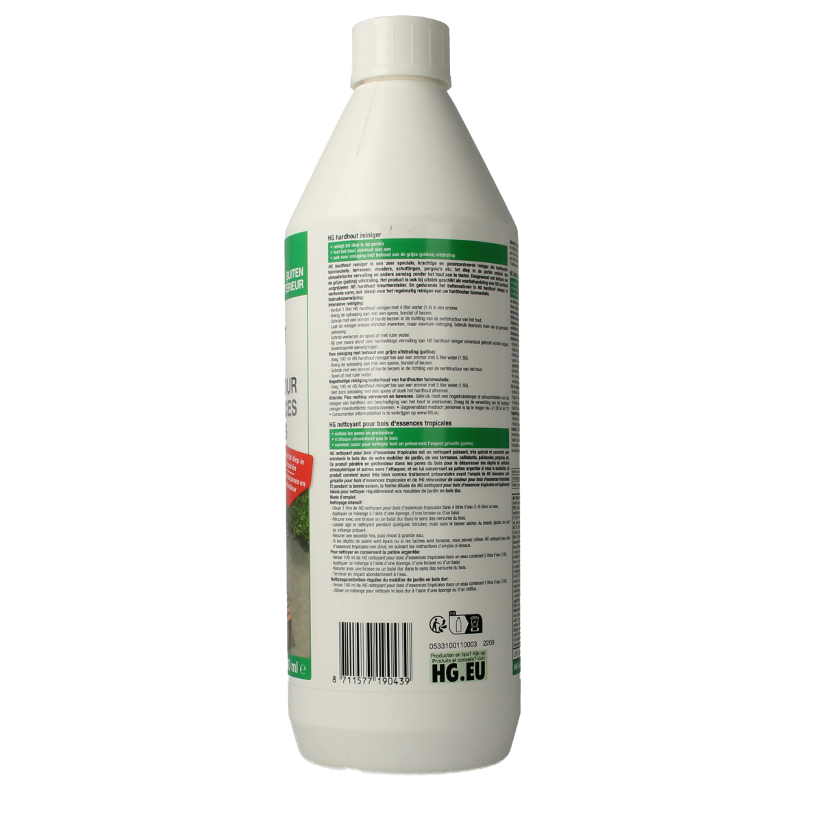 HG Hardhout reiniger 1 liter bottle for cleaning hardwood surfaces, shown with label and spray nozzle in the image.