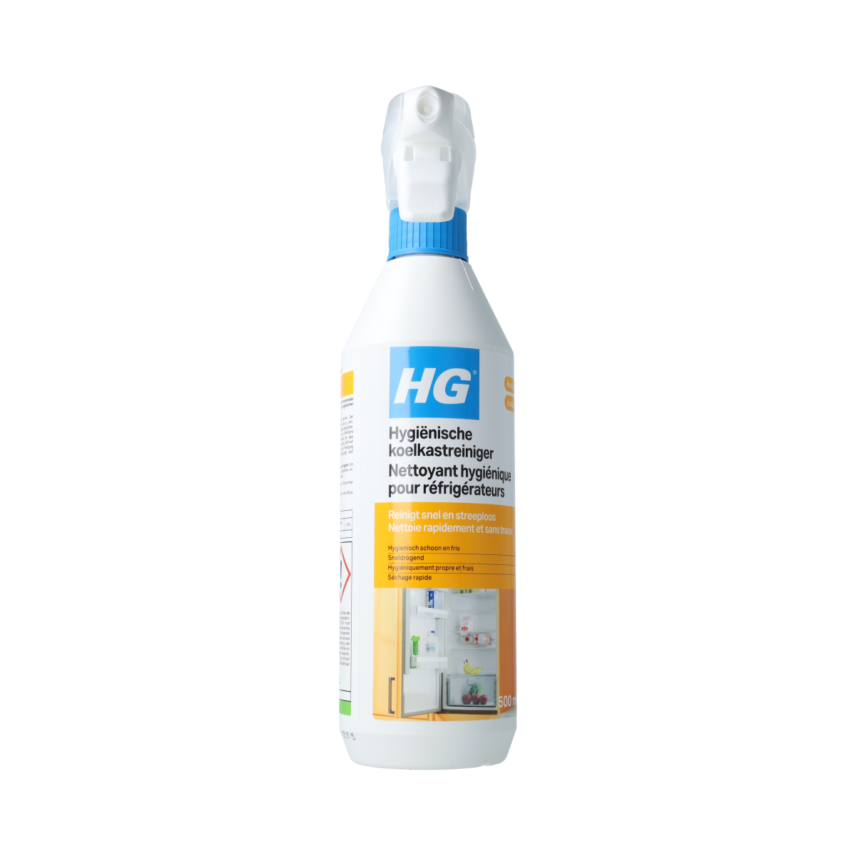 HG hygienische koelkastreiniger spray bottle, 500ml, in front of a clean refrigerator interior, ready for use.