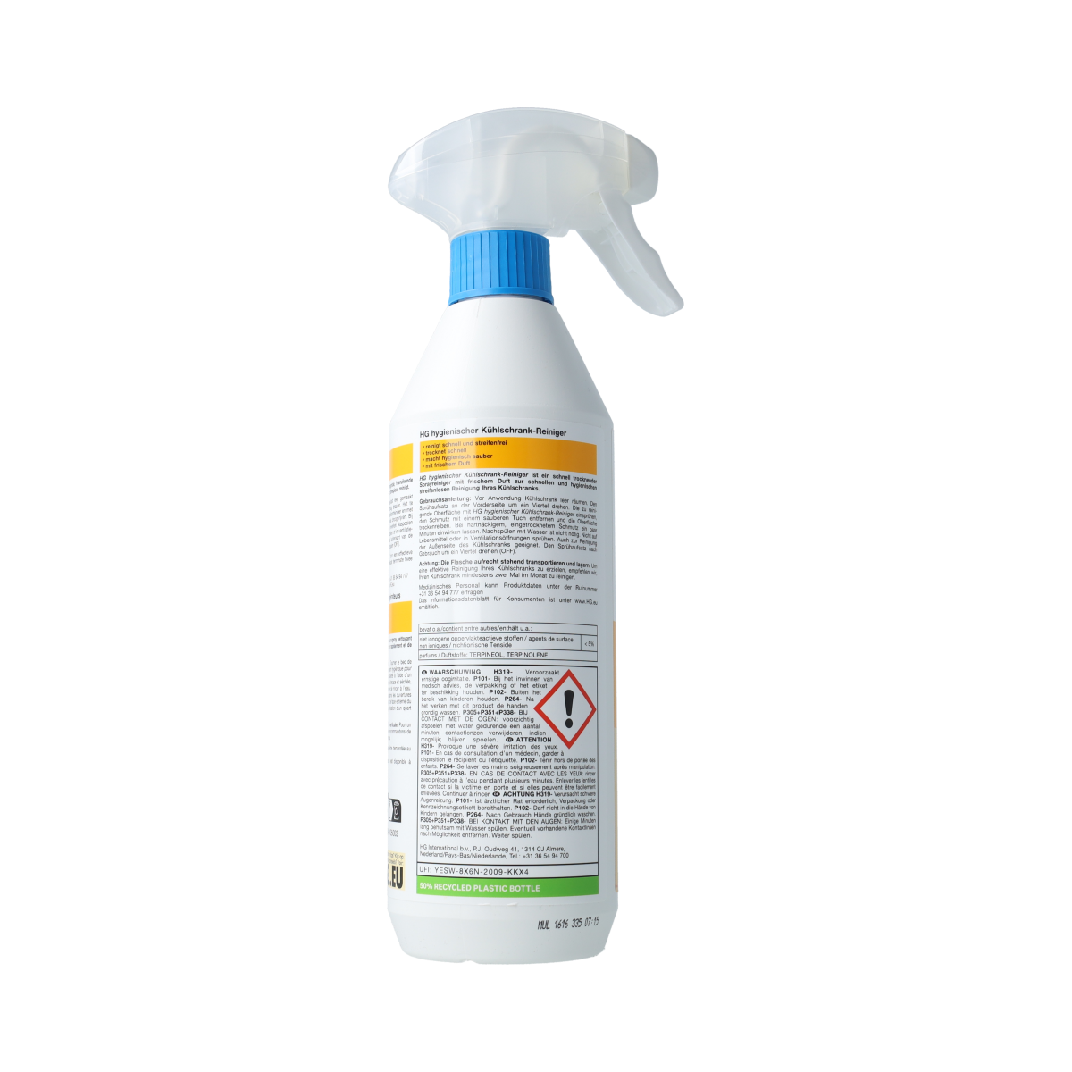 HG Hygienische koelkastreiniger in een 500 ml fles, geschikt voor schoonmaakartikelen, met een gedetailleerd etiket zichtbaar.