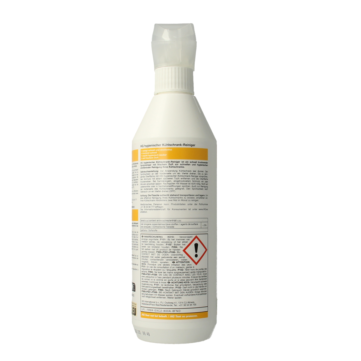 HG hygienic refrigerator cleaner in a 500ml bottle, suitable for cleaning and freshening kitchen refrigerators.