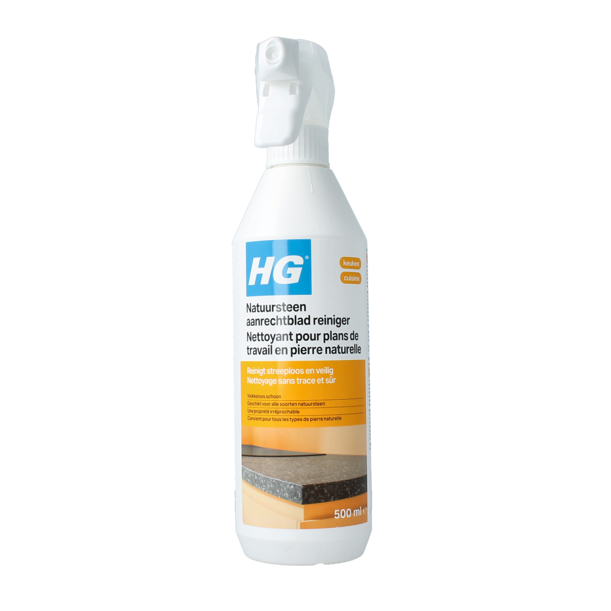 HG Natuurstenen aanrechtblad reiniger bottle with label for natural stone countertop cleaning, 500ml, in a kitchen setting.