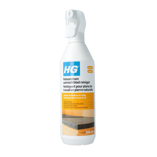 HG Natuurstenen aanrechtblad reiniger bottle with label for natural stone countertop cleaning, 500ml, in a kitchen setting.