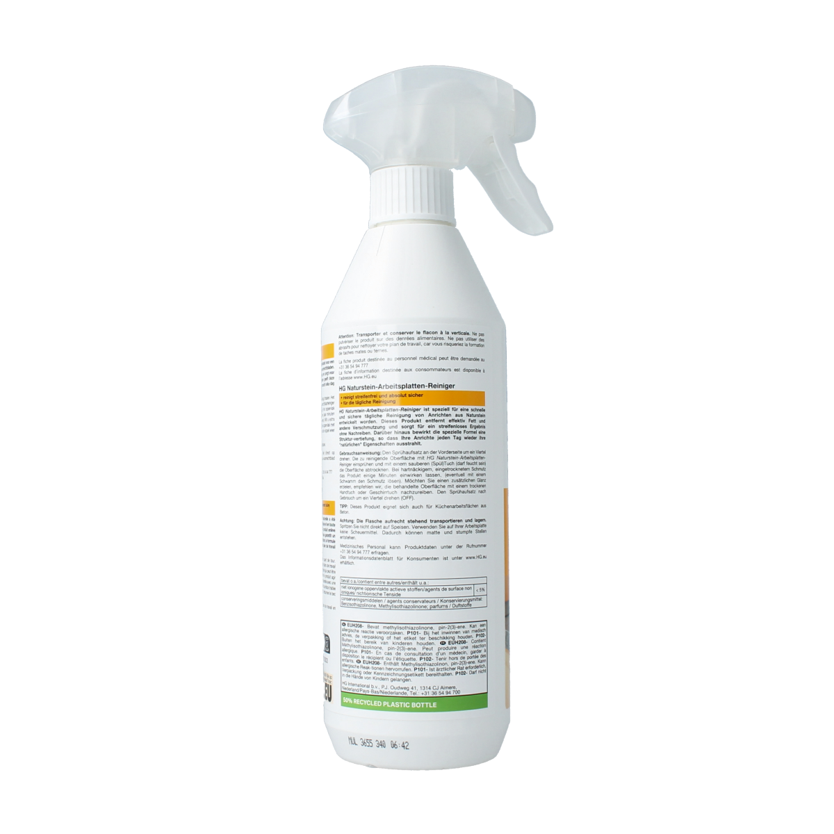 HG Natuurstenen aanrechtblad reiniger in 500ml bottle, natural stone countertop cleaning product from HG, with a spray nozzle.
