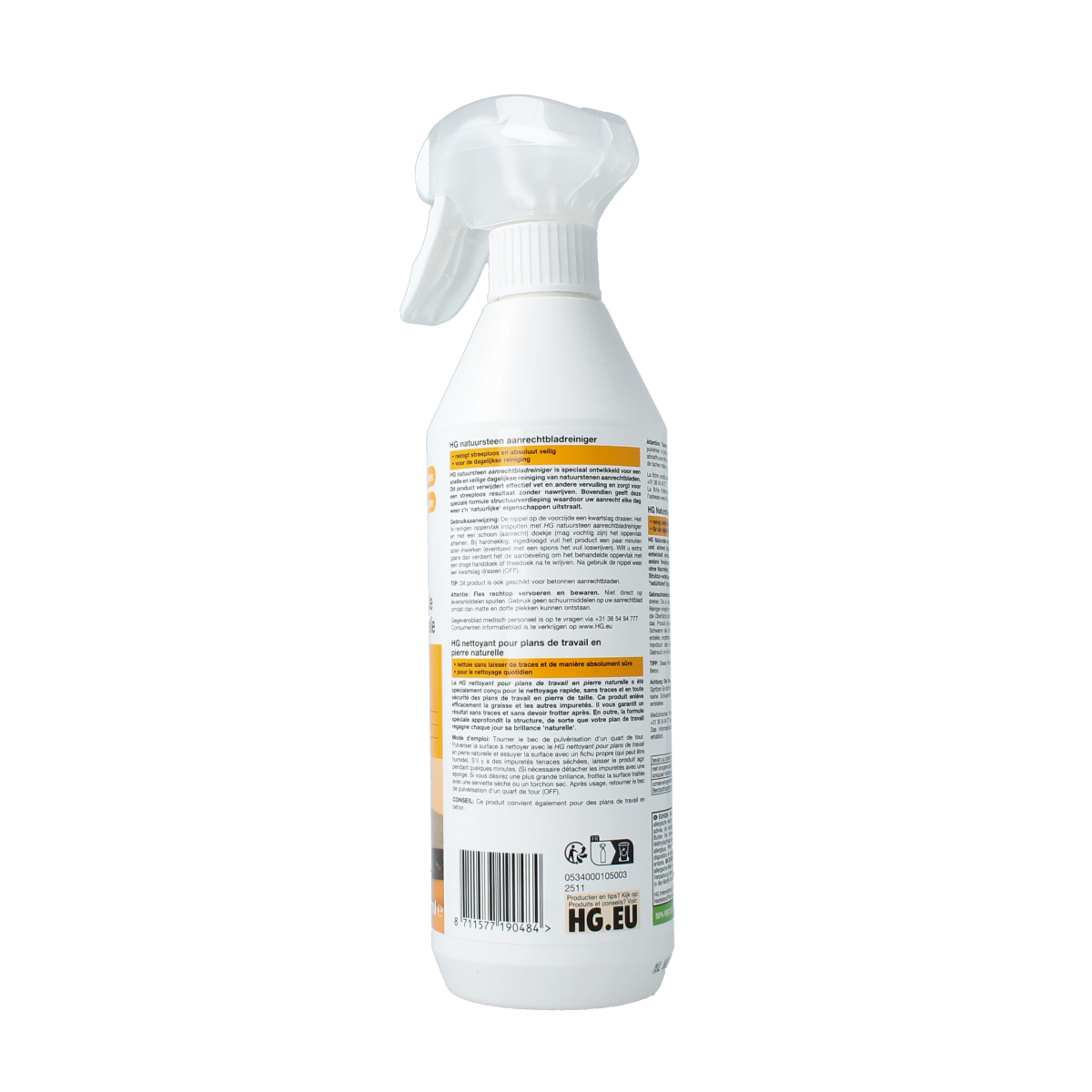 HG Natuurstenen aanrechtblad reiniger in een fles van 500 ml, speciaal voor schoonmaak van natuurstenen keukenbladen.