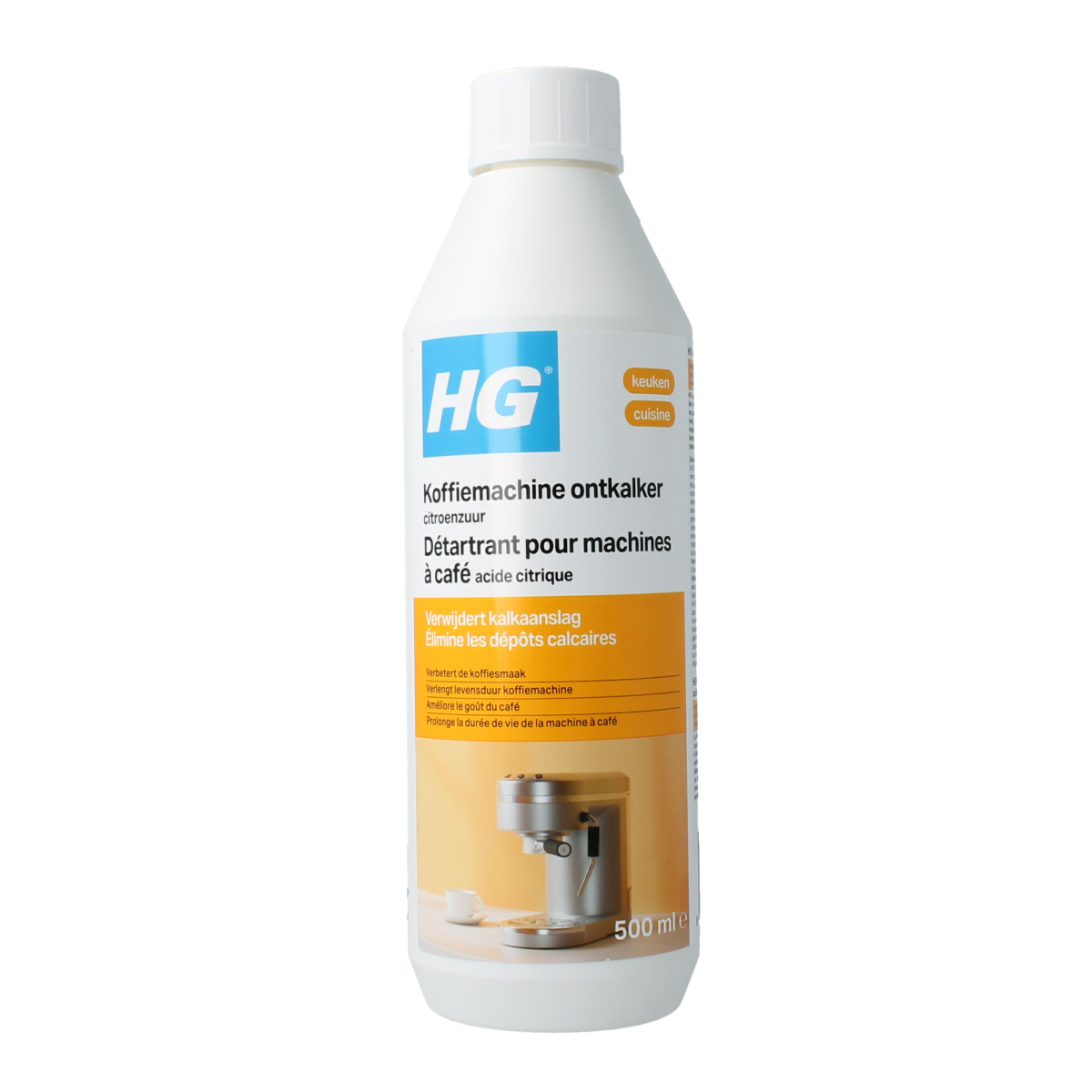 HG Koffiemachine ontkalker citroen 500ml bottle for cleaning coffee machines, with clear label and yellow cap.