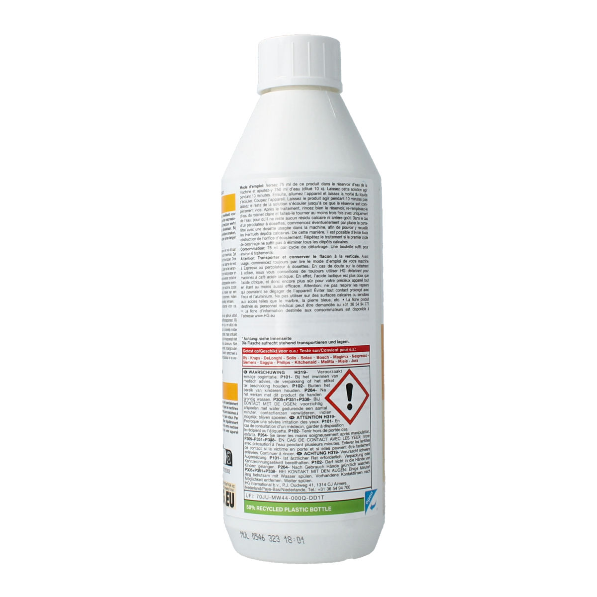 HG Koffiemachine ontkalker Citroen, 500ml schoonmaakmiddel for coffee machines, in a clear bottle with a label.