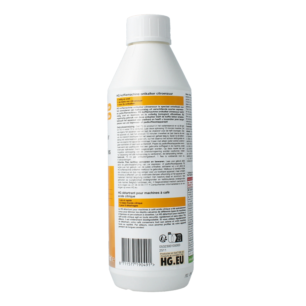 HG Koffiemachine ontkalker citroen, 500ml schoonmaakmiddel for coffee machines, citrus-based descaling product by HG