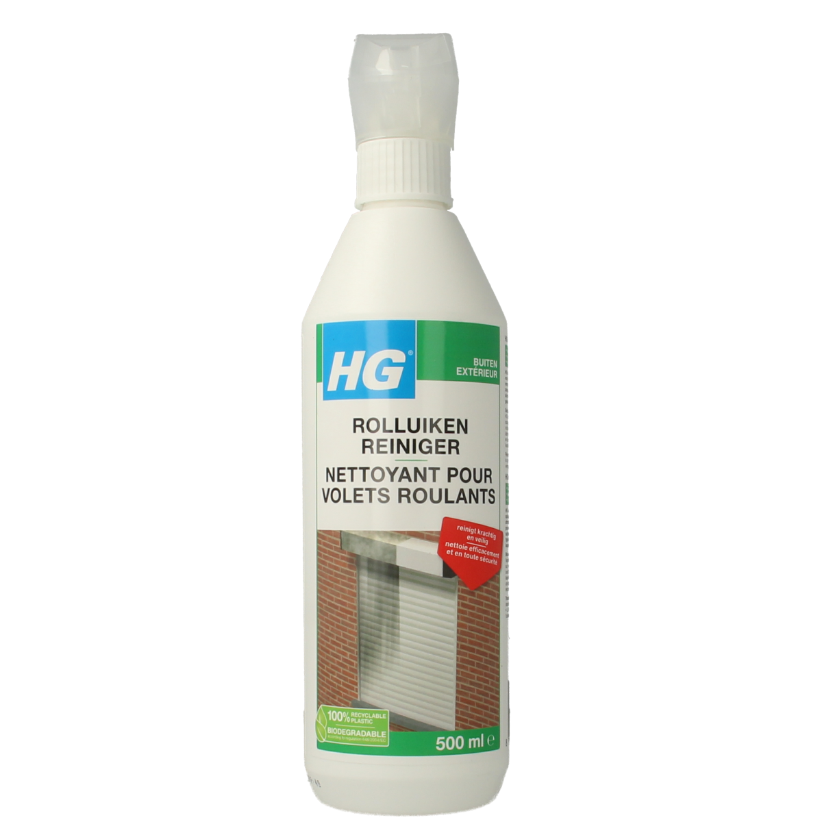 HG Rolluiken reiniger 500ml cleaning spray for shutters, showing a bottle of the HG window shutter cleaner.
