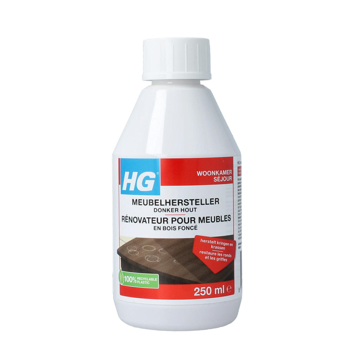 HG Meubelhersteller donker hout schoonmaakartikelen bottle, 250ml, for cleaning dark wood furniture.