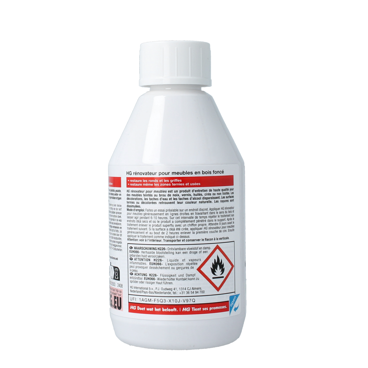 HG meubelhersteller donker hout schoonmaakartikel in 250ml bottle, designed for dark wood furniture cleaning.