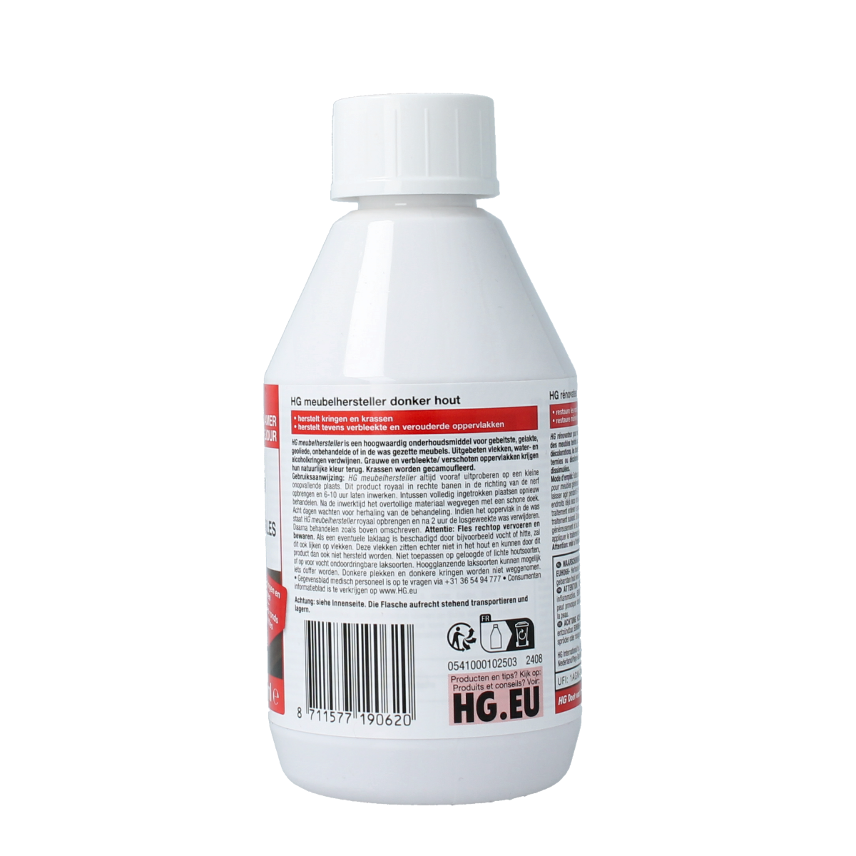 HG Meubelhersteller donker hout cleaner in 250ml bottle, designed for cleaning dark wood furniture and surfaces.