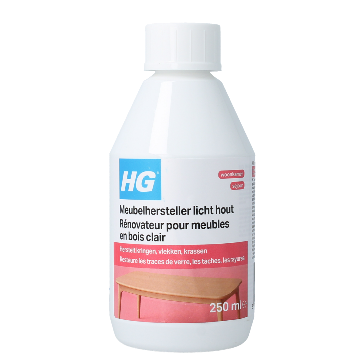 HG Meubelhersteller Light Wood cleaner in a 250ml bottle, designed for furniture cleaning and maintenance of light wood surfaces.