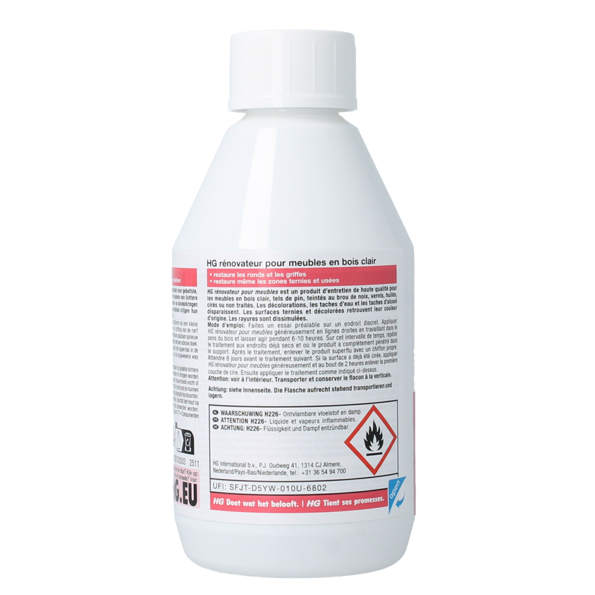 HG Meubelhersteller licht hout schoonmaakproduct in 250ml bottle, designed for cleaning light wood furniture.