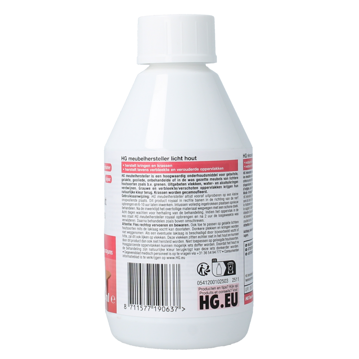 HG Meubelhersteller licht hout wood furniture cleaner, 250ml bottle, with a clean label and transparent cap.