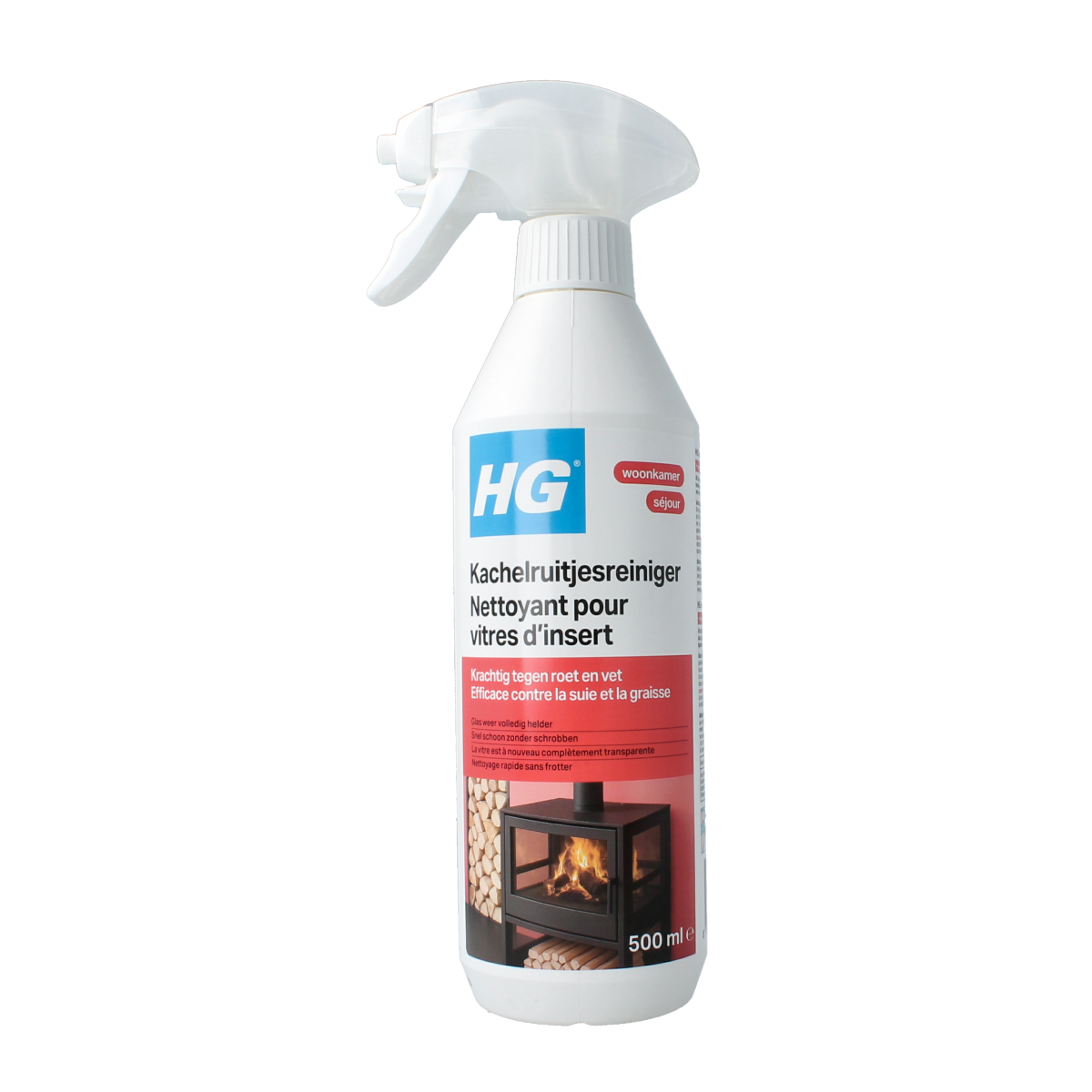 HG Kachelruitjes reiniger 500ml bottle for cleaning oven door glass with a spray nozzle and label details.
