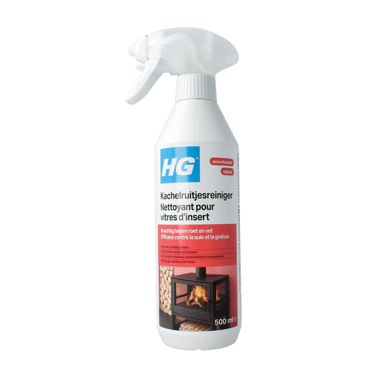 HG Kachelruitjes reiniger 500ml bottle for cleaning oven door glass with a spray nozzle and label details.