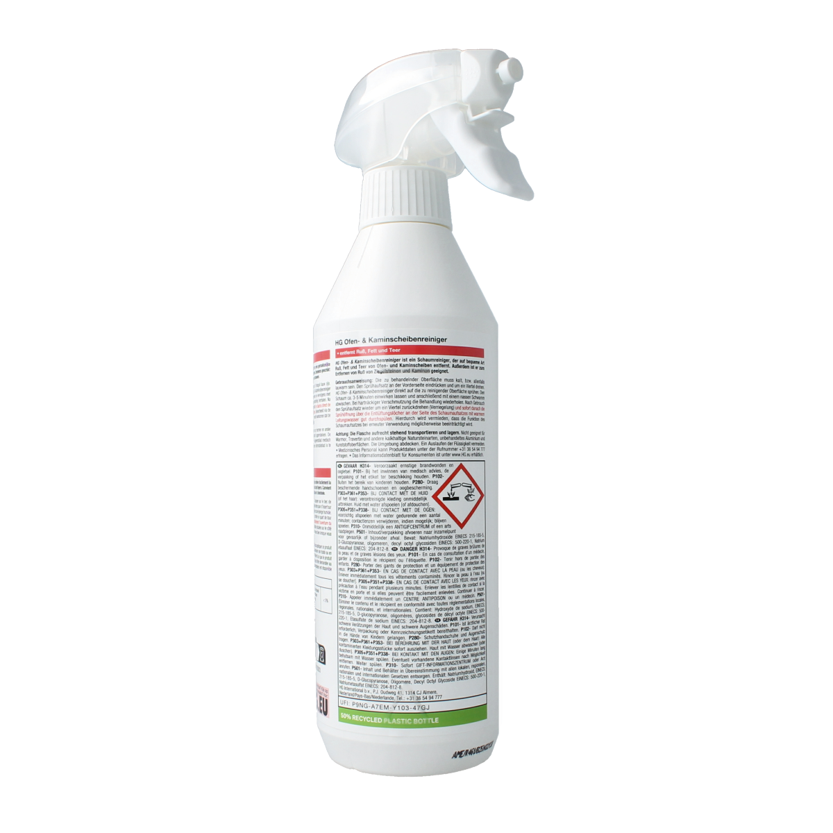 HG Kachelruitjes reiniger 500ml cleaning product for glass stove tops, featuring a spray bottle with label and nozzle.