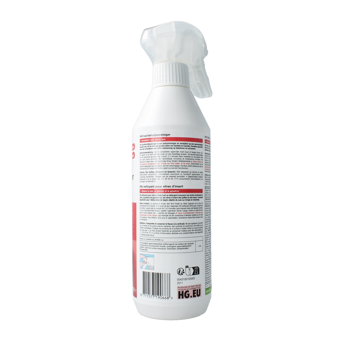 HG Kachelruitjes reiniger 500 ml cleaning spray for removing grease and grime from oven windows and glass surfaces.