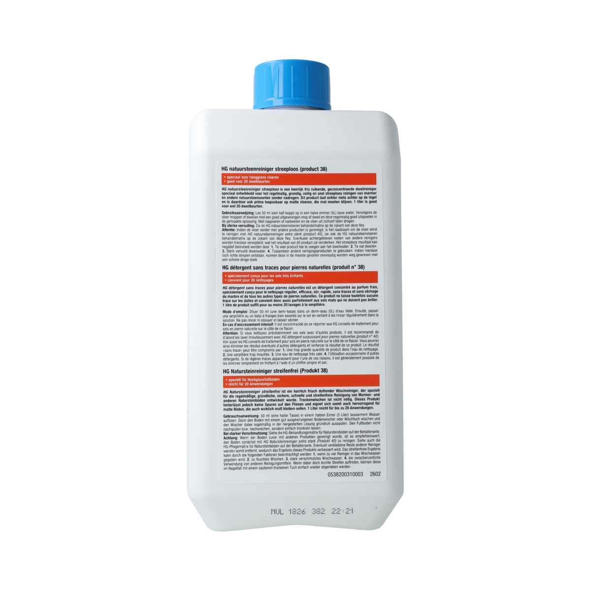 HG Natuursteen reiniger in 1 liter bottle, natural stone cleaner for streak-free surfaces, part of HG schoonmaakartikelen lineup.